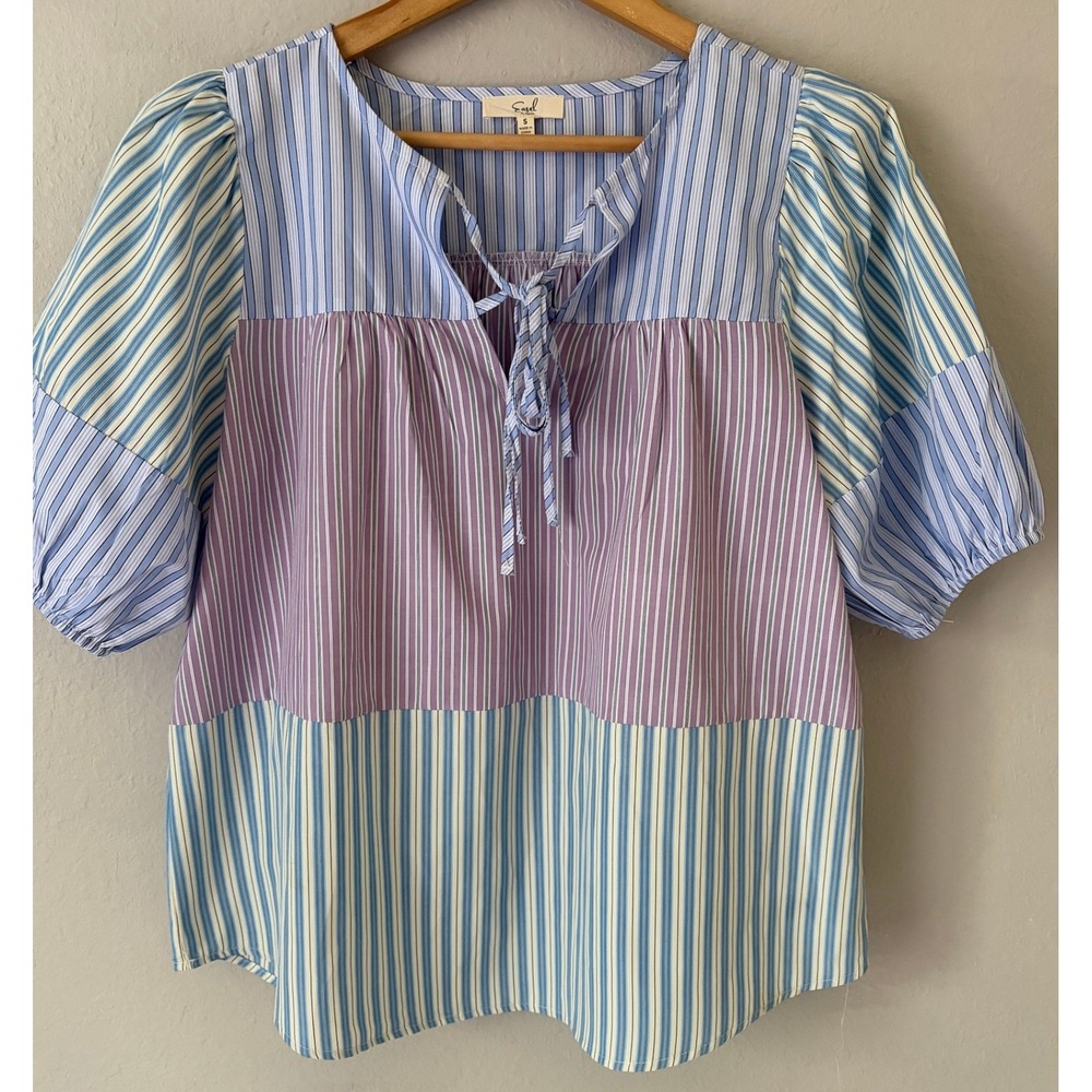 Easel Womens Mixed Stripe Patchwork Tie Neck Puff Sleeve Top Size S Coastal Boho